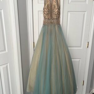 Camille La Vie Lace Detail Dress in Cream/Sky Blue